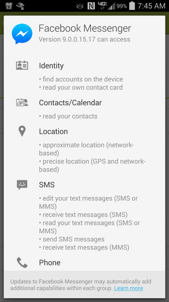 Faceboook messenger app permissions, page 1