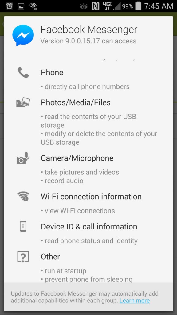 Faceboook messenger app permissions, page 2
