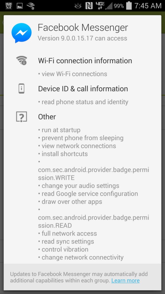 Faceboook messenger app permissions, page 3