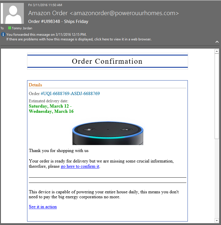 Fake phishing email from "Amazon"